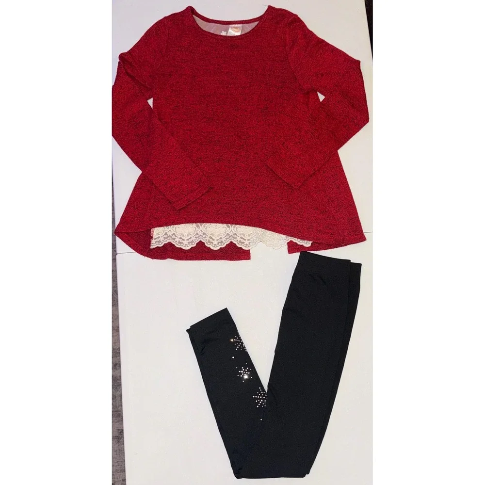Top and Leggings Set Girls L 10-12 Burgundy Lace Rhinestone Snowflake